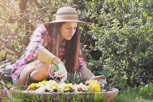 Soft landscaping services for a Kilburn garden with shrubs, mulch, and lawn finishing
